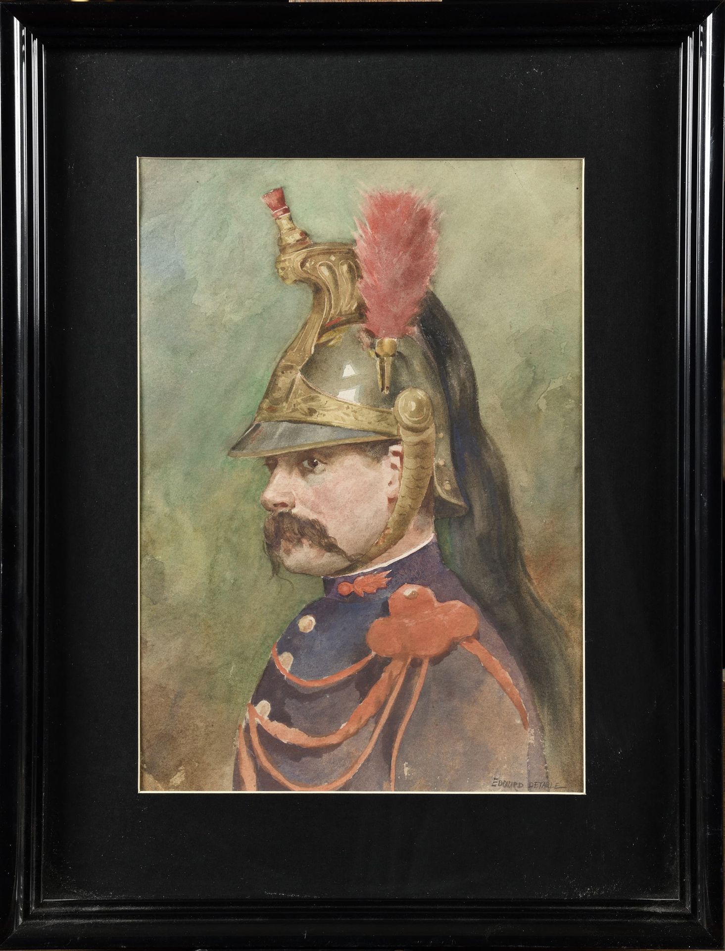 Null 爱德华-德莱尔(1848-1912)
"共和国卫队"。 
水彩画素描，右下方有签名。 
28 x 29厘米。 
在玻璃下装裱。 
B.E.