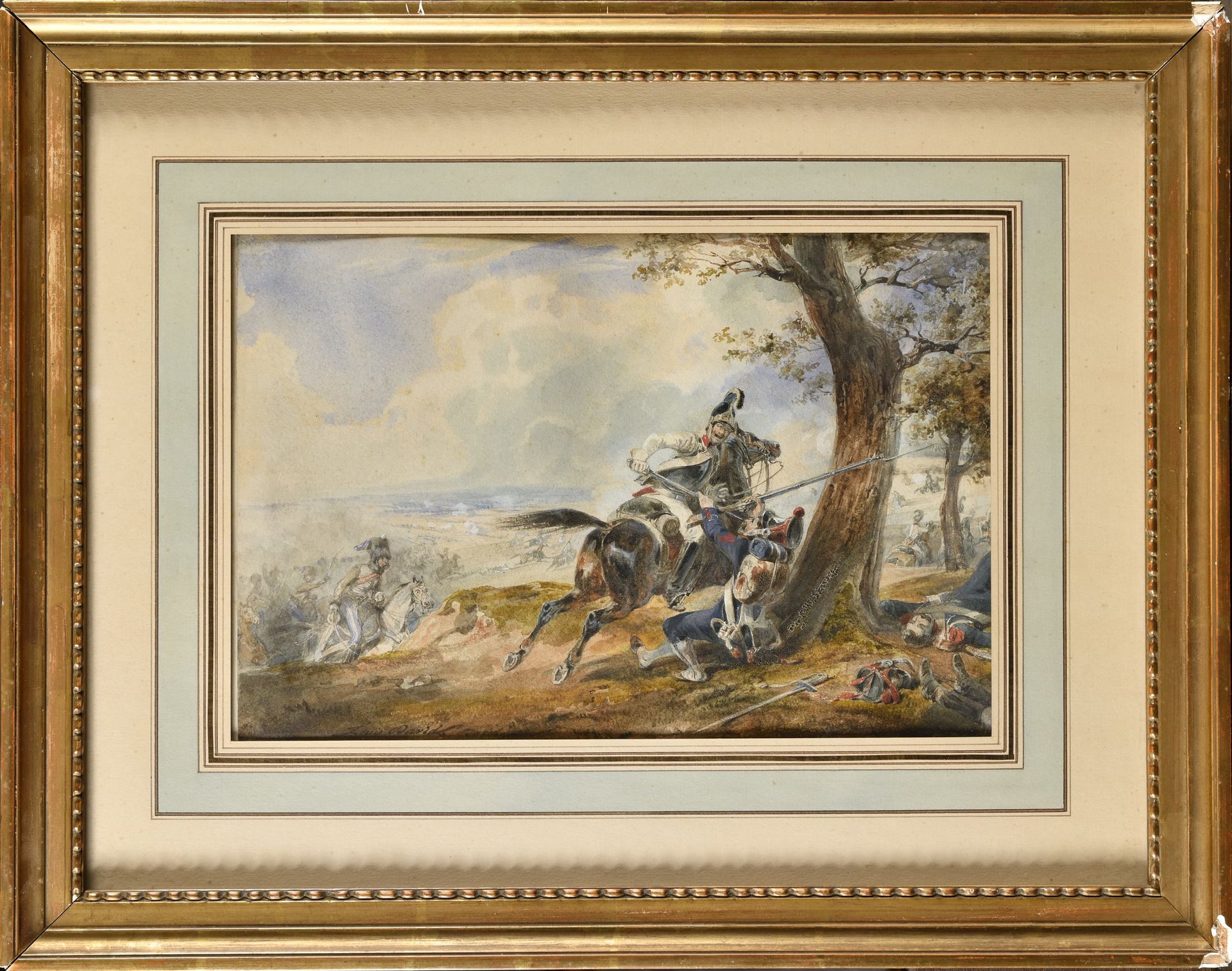 Null 让-路易-达维（1792-1868）。 
19世纪的法国学校。 
"奥地利骑兵杀死一名步兵，被第二轻骑兵的骑兵追赶"。 
钢笔和水彩画，左下方有 "L&hellip;