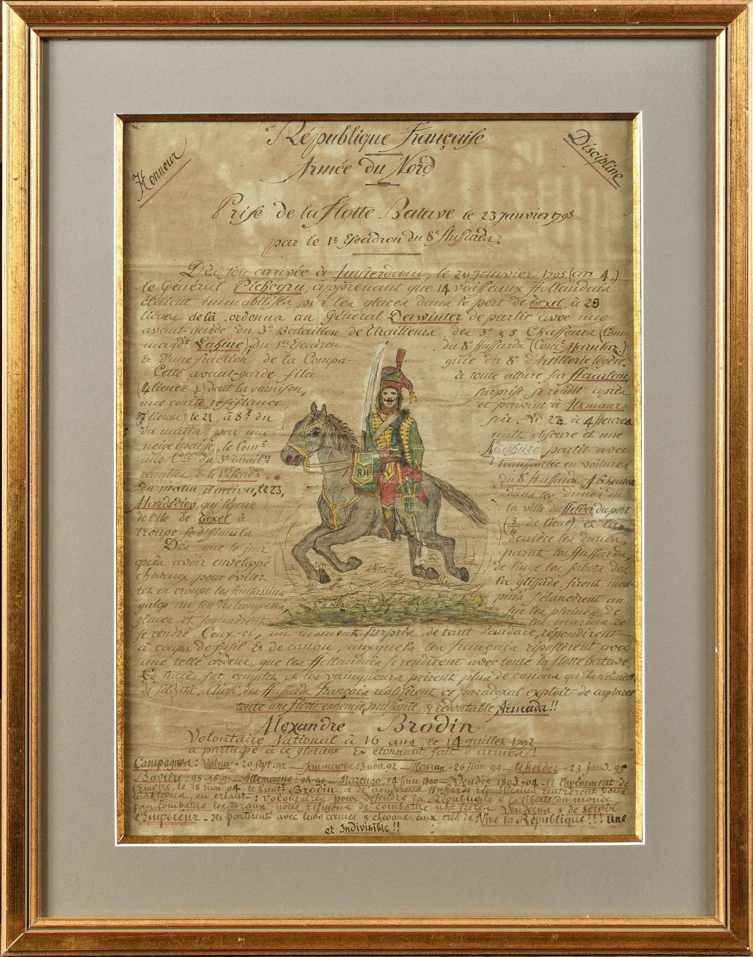 Null 北部军区 
"1795年1月23日，第8轻骑兵队的第1中队俘获了营队"。
大幅的墨水文件总结了这一光荣的行动，并装饰有亚历山大-布罗丁的图案，他是第八&hellip;