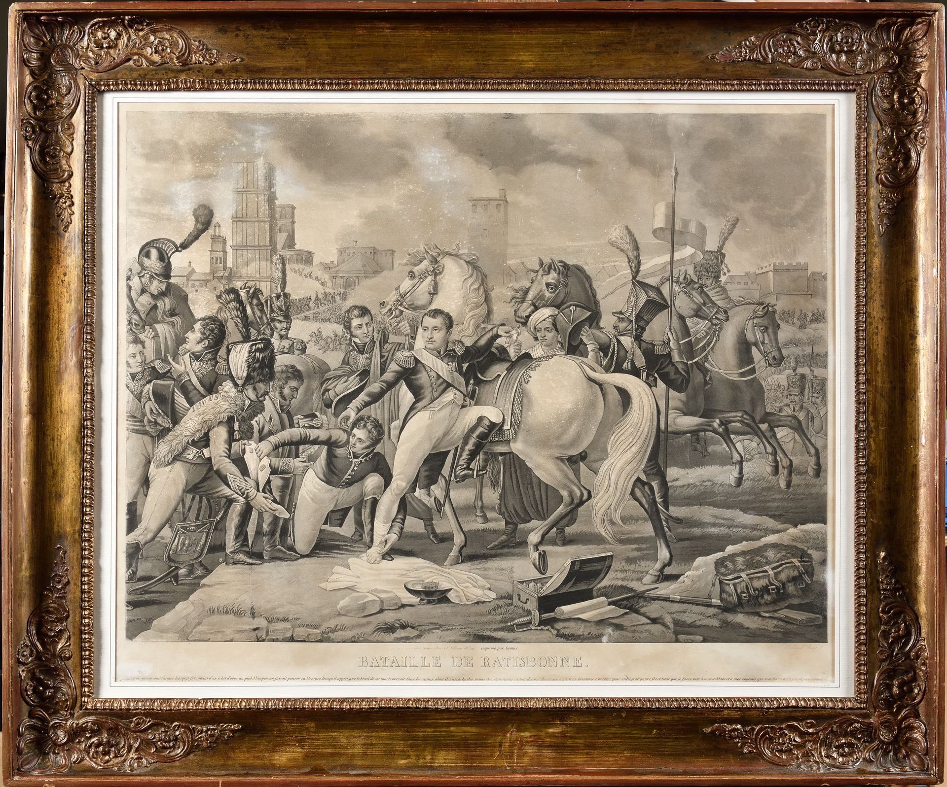 Null Gautherot, after
"拿破仑一世在雷根斯堡负伤 
埃斯布拉德的版画
51 x 67厘米。 
在玻璃下。鎏金框架（磨损）
A.B.E. (&hellip;