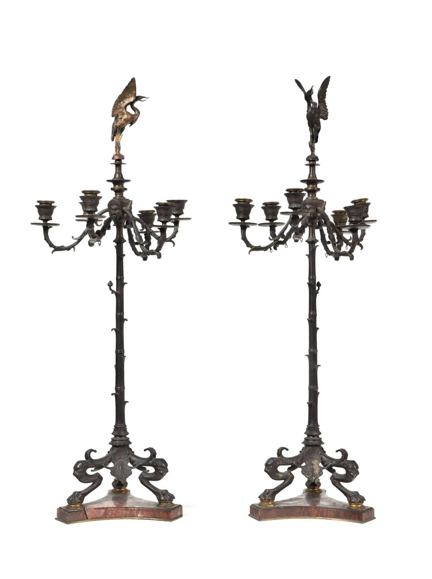 Null PAIR OF CANDELABRA 
in patinated bronze with six arms resting on three feet&hellip;