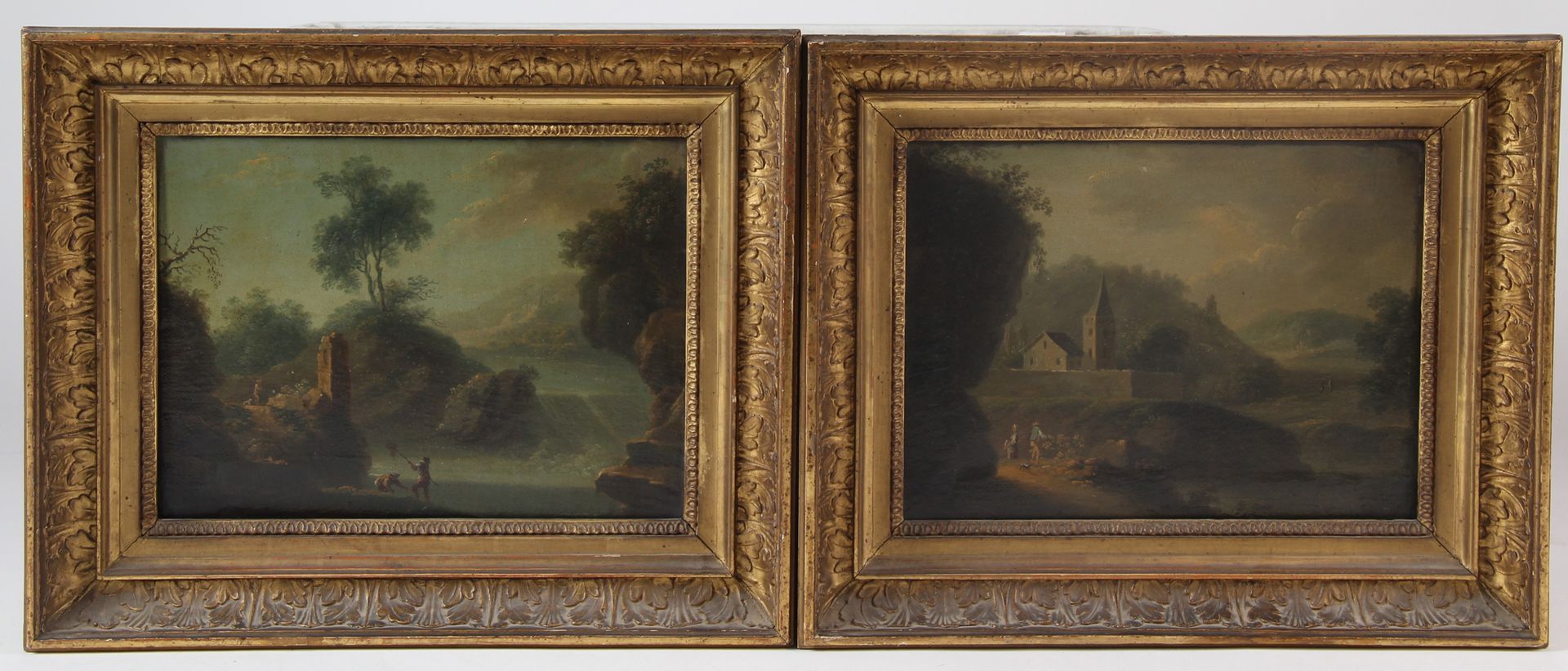 Null 十八世纪末至十九世纪初的法国学校

两幅画： 

- 瀑布边的渔夫"。

-建筑景观

布面油画 

尺寸：19,5 x 26,5 cm
