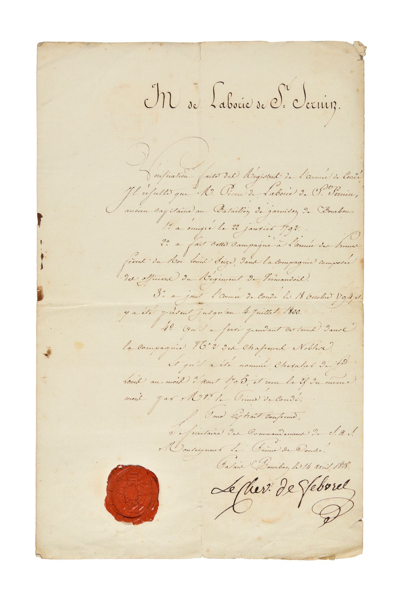 Null CONDÉ(军队)。- 菲布瑞尔（Louis-Jean-Baptiste）。这位中校作为孔代王子的指挥部秘书签署的文件。[巴黎]波旁宫，1818年4月&hellip;