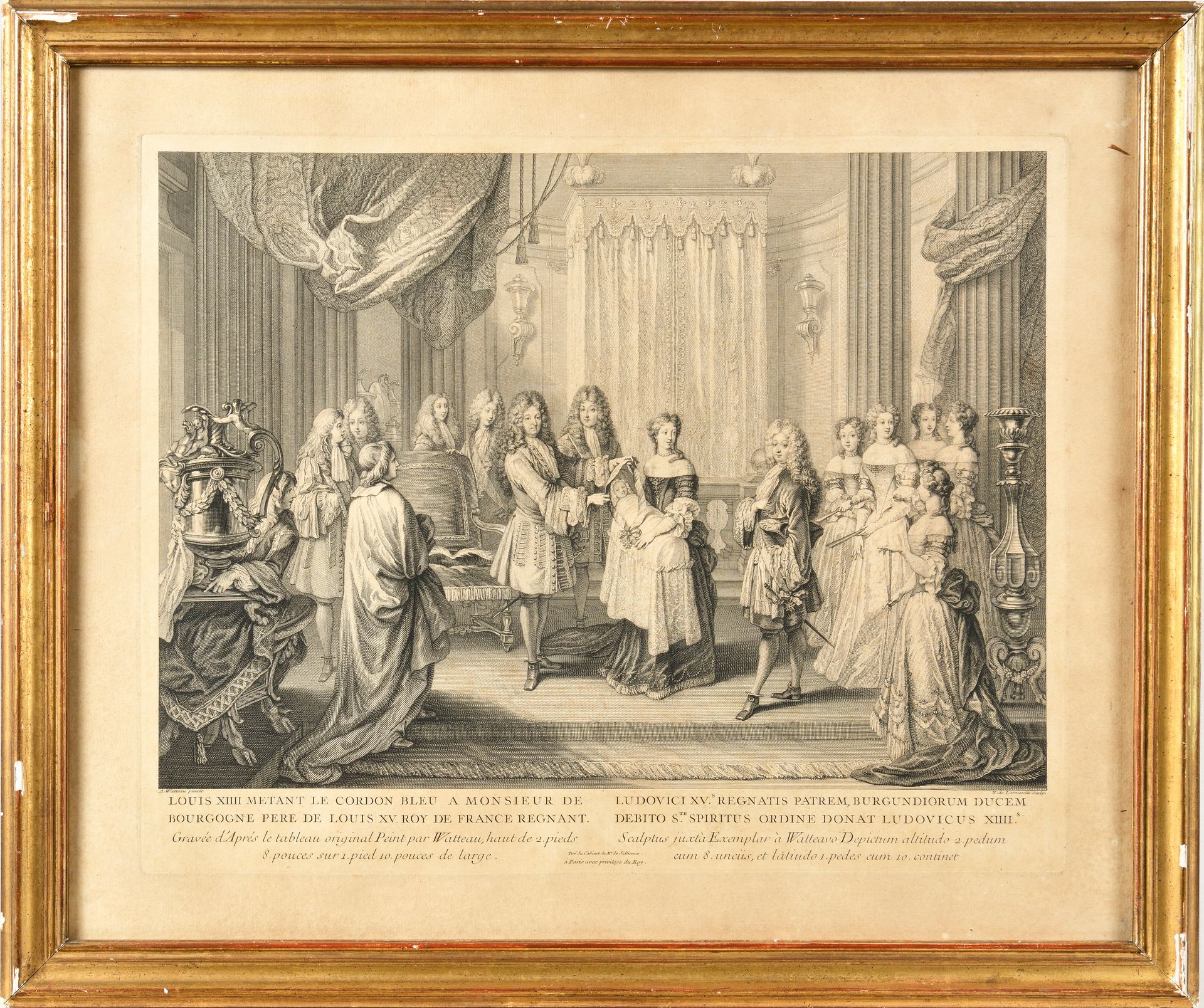 Null 尼古拉-德-拉梅森四世（1684-1753）镌刻，出自让-安托万-华托之手
路易十四向法国在位国王路易十五的父亲勃艮第先生颁发白鸽勋章。
鎏金长条形画&hellip;