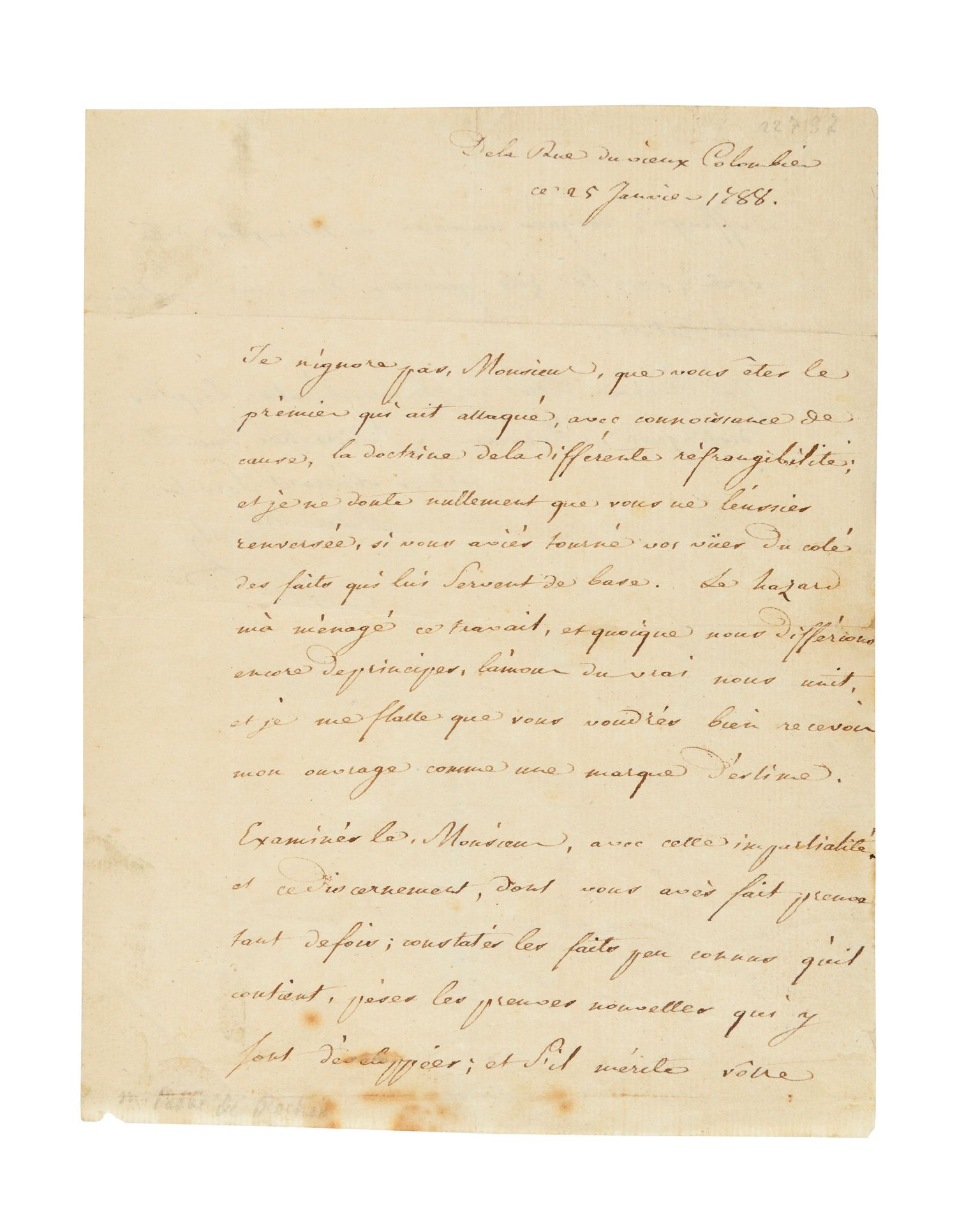 Null MARAT (Jean-Paul).签名为 "Le Dr Marat "的亲笔信[致Alexis Rochon]。巴黎，1788年1月25日。1页，1&hellip;
