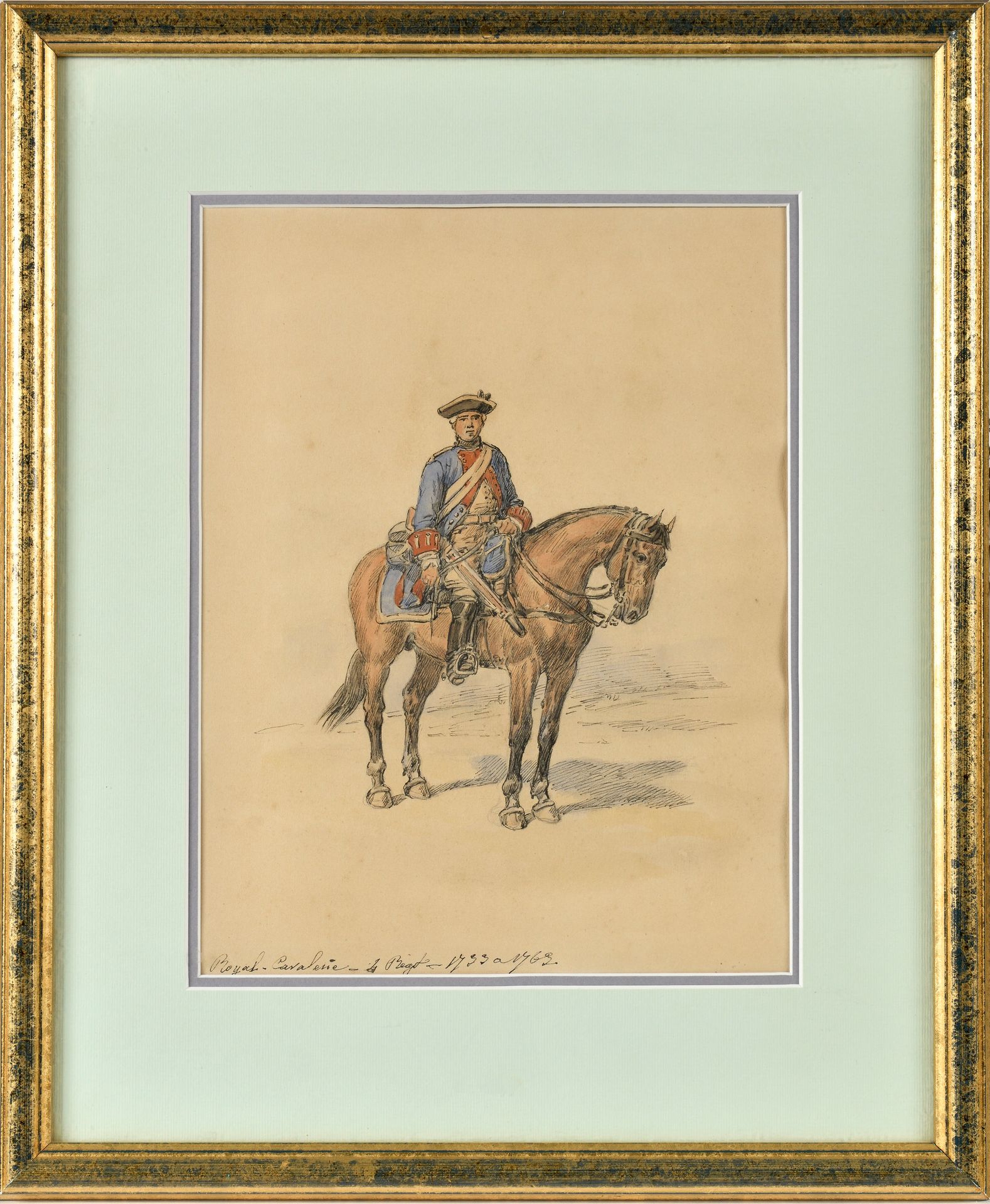 Null 19世纪末的法国学校。
一对水彩画：
a-"皇家骑兵队。4团。1733-1762 ".
B-"Chasseurs à cheval officer.第&hellip;