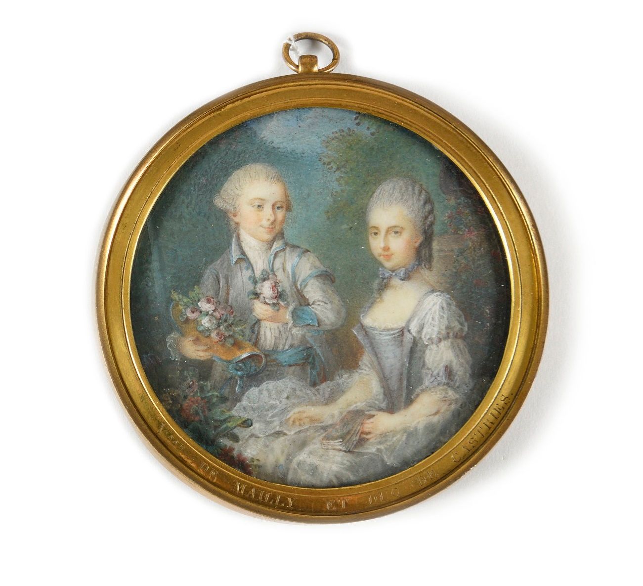 Null 18世纪的法国学校。
"卡斯特里公爵和麦利子爵夫人"。 
玻璃下的圆形微型画。挂框的边缘刻有 "Vsse de MAILLY et DUC DE CA&hellip;