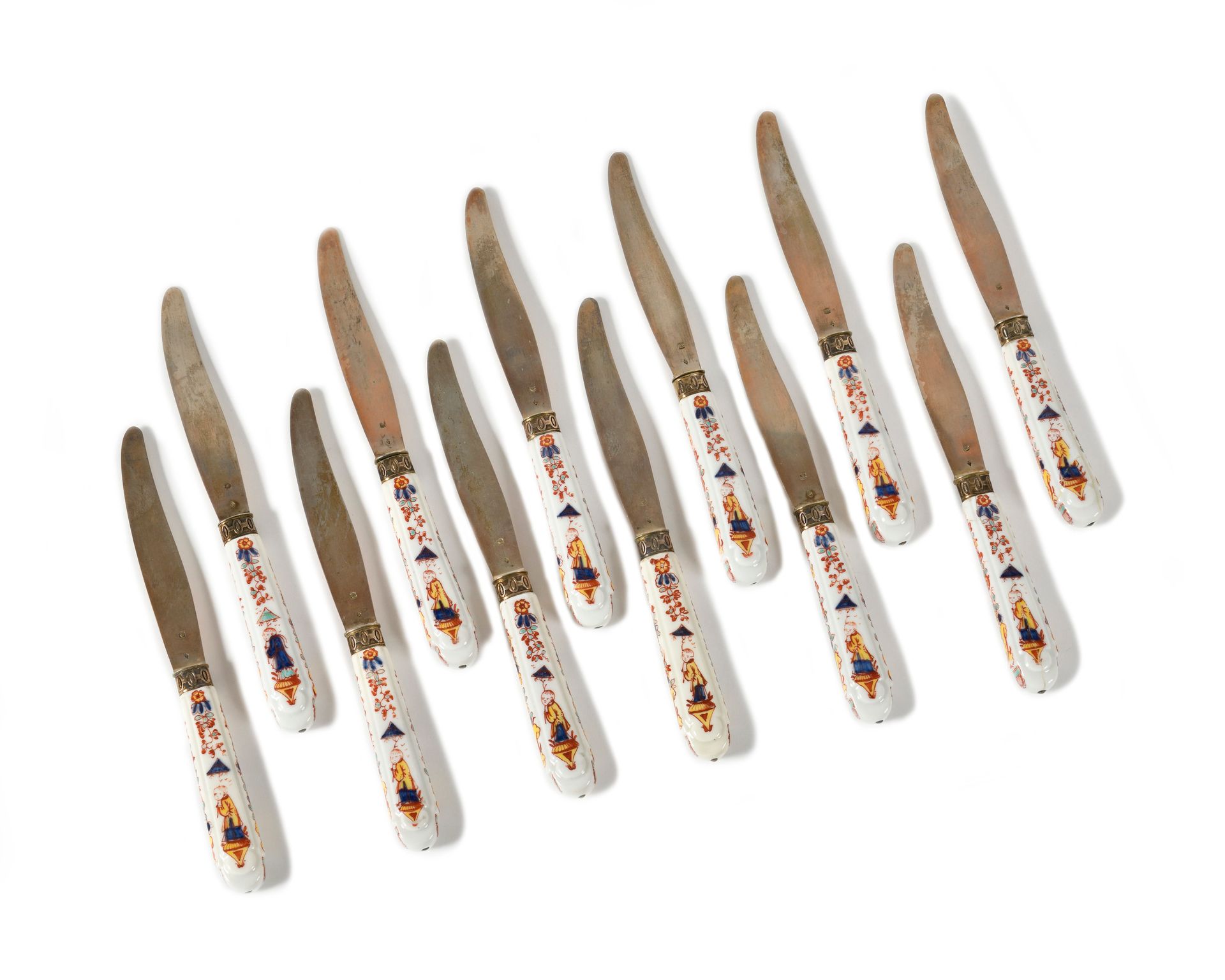 Null Suite of twelve Mennecy Villeroy porcelain knives with silver blades and ha&hellip;