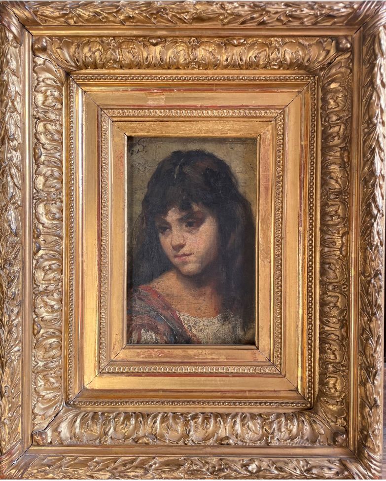 Null 19世纪的西班牙学校 

年轻女孩的四分之三面孔 

板面油画，左上角有S字样 

23 x 17 cm