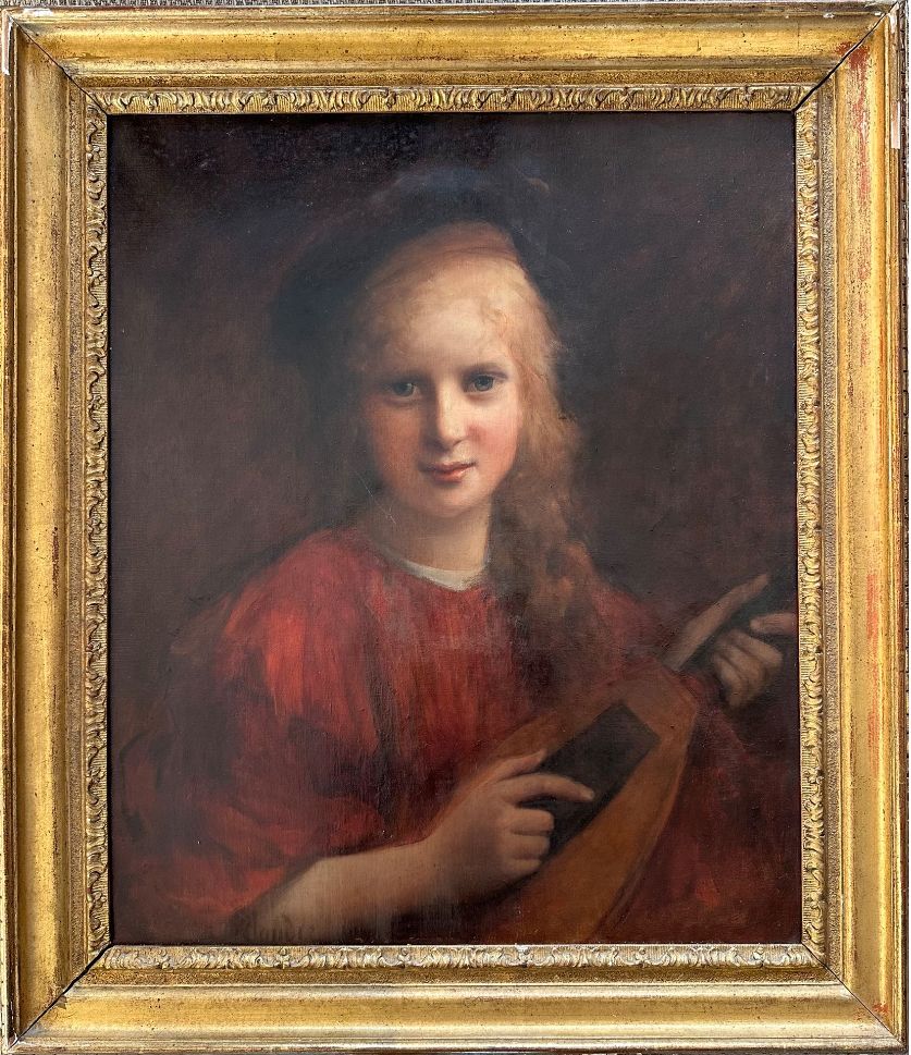 Null 法国学校，19世纪 

手风琴手 

布面油画，左下角署名 "Claudie"？ 

56 x 47 cm 

(修复和重绘)