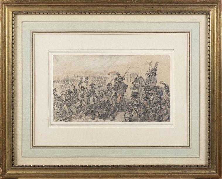 Null 十九世纪法国学校

马伦戈之战 

铅笔画，用黑色墨水、红色粉笔和白色粉笔加高。 

高：24.5 x 14厘米

在玻璃下装裱。

B.E.
