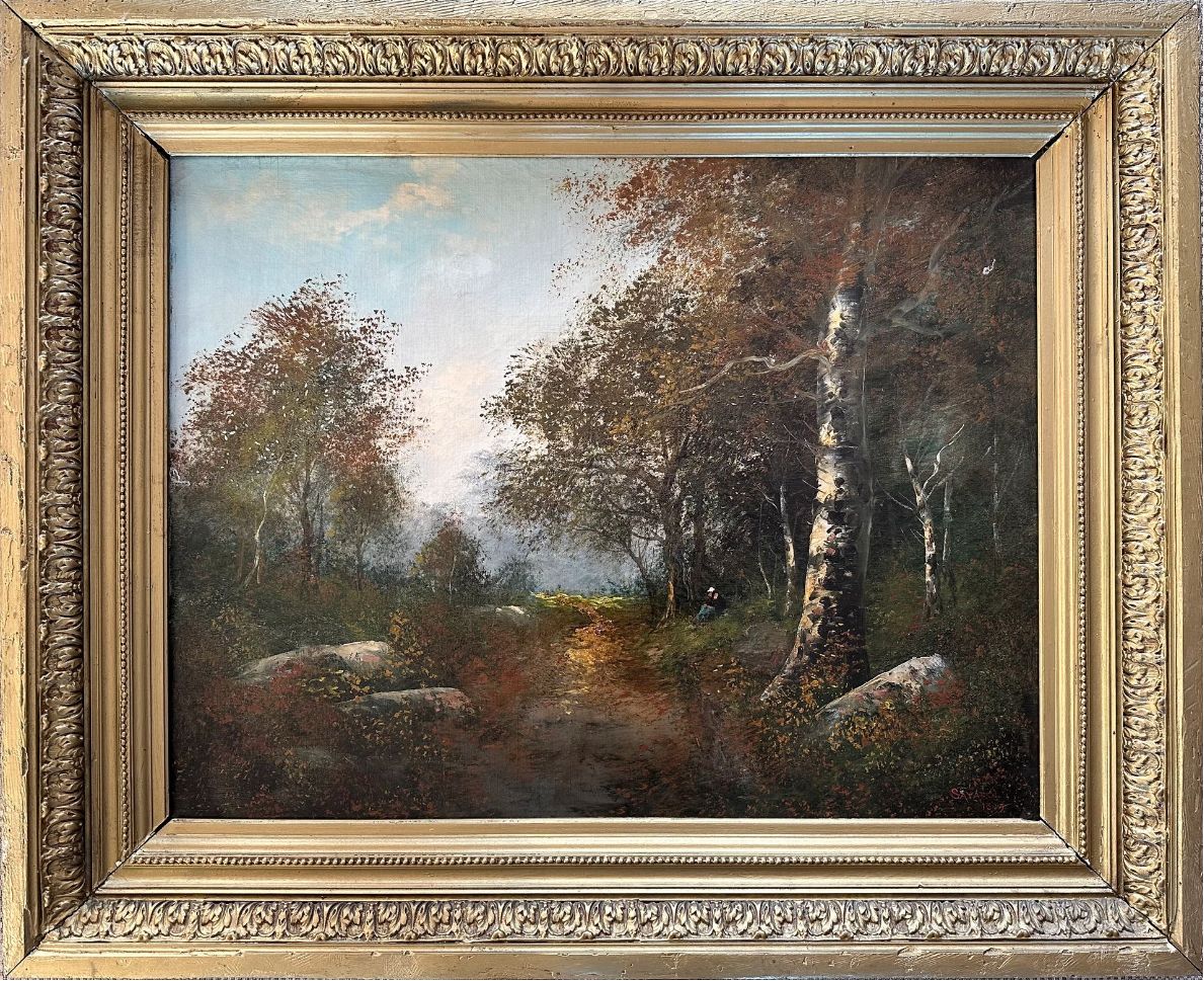 Null FRENCH SCHOOL late 19th century 

Undergrowth with a seated figure 

Oil on&hellip;