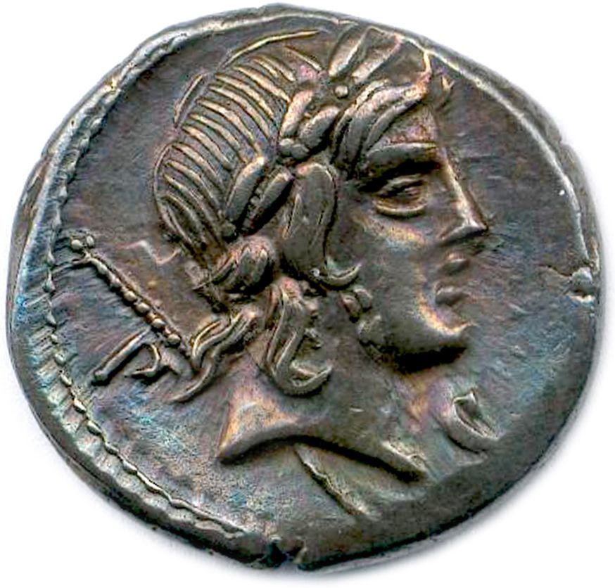 Null CREPUSIA P.克雷普西娅 公元前 82 年
阿波罗桂冠头像右侧。背后，珍珠权杖和 M. R/. 骑手骑在马上，手持长矛。背后，CCCI。外框为&hellip;