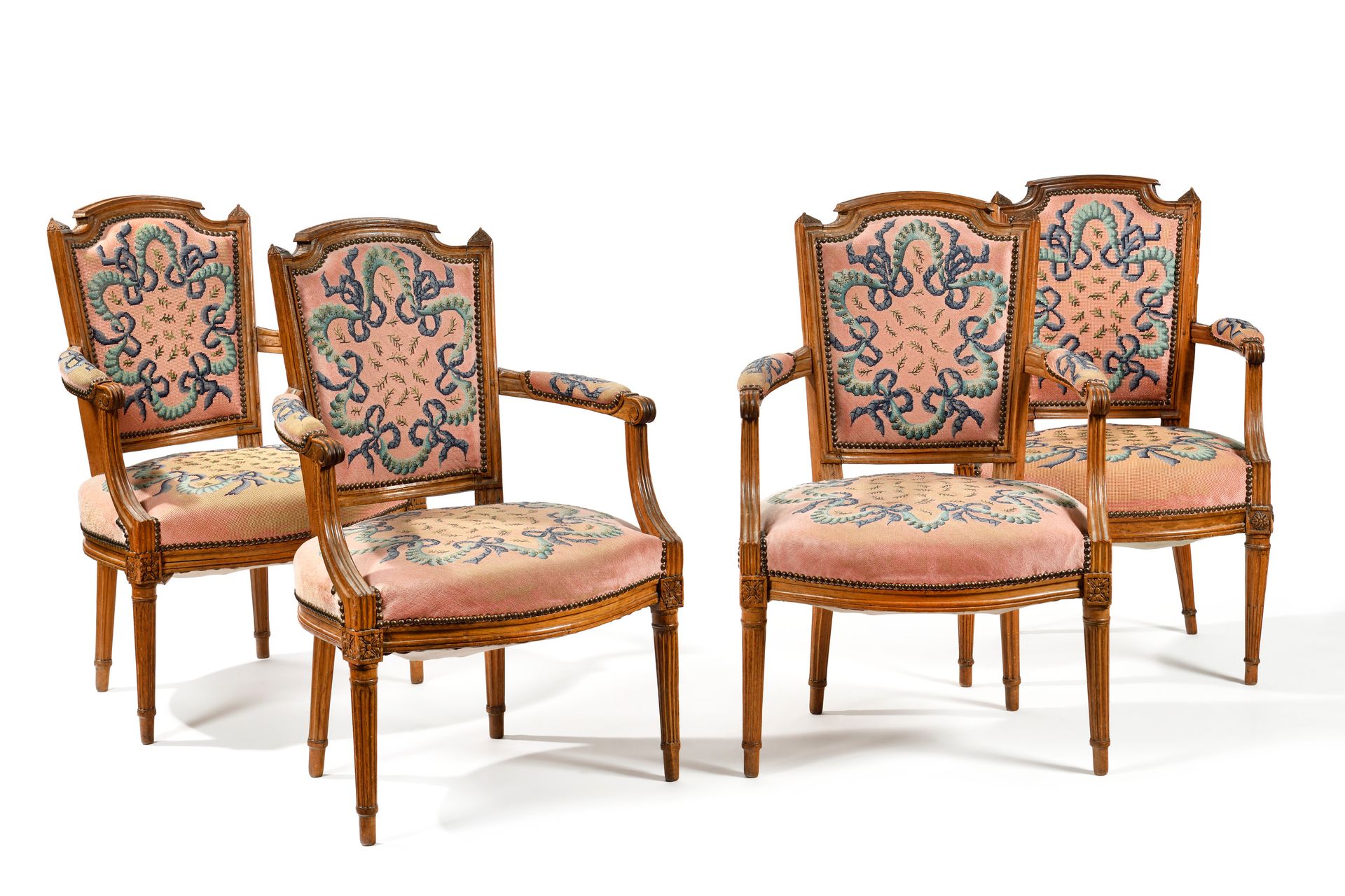 Null SUITE OF FOUR GENDARME-BACK ARMCHAIRS 
in molded, carved wood. Armrests wit&hellip;