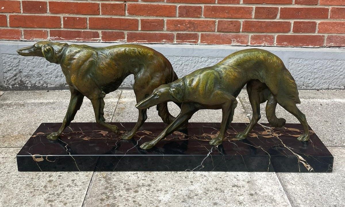 Null ART DECO WORK
Two barzoi greyhounds walking 
Bronze group with green and go&hellip;