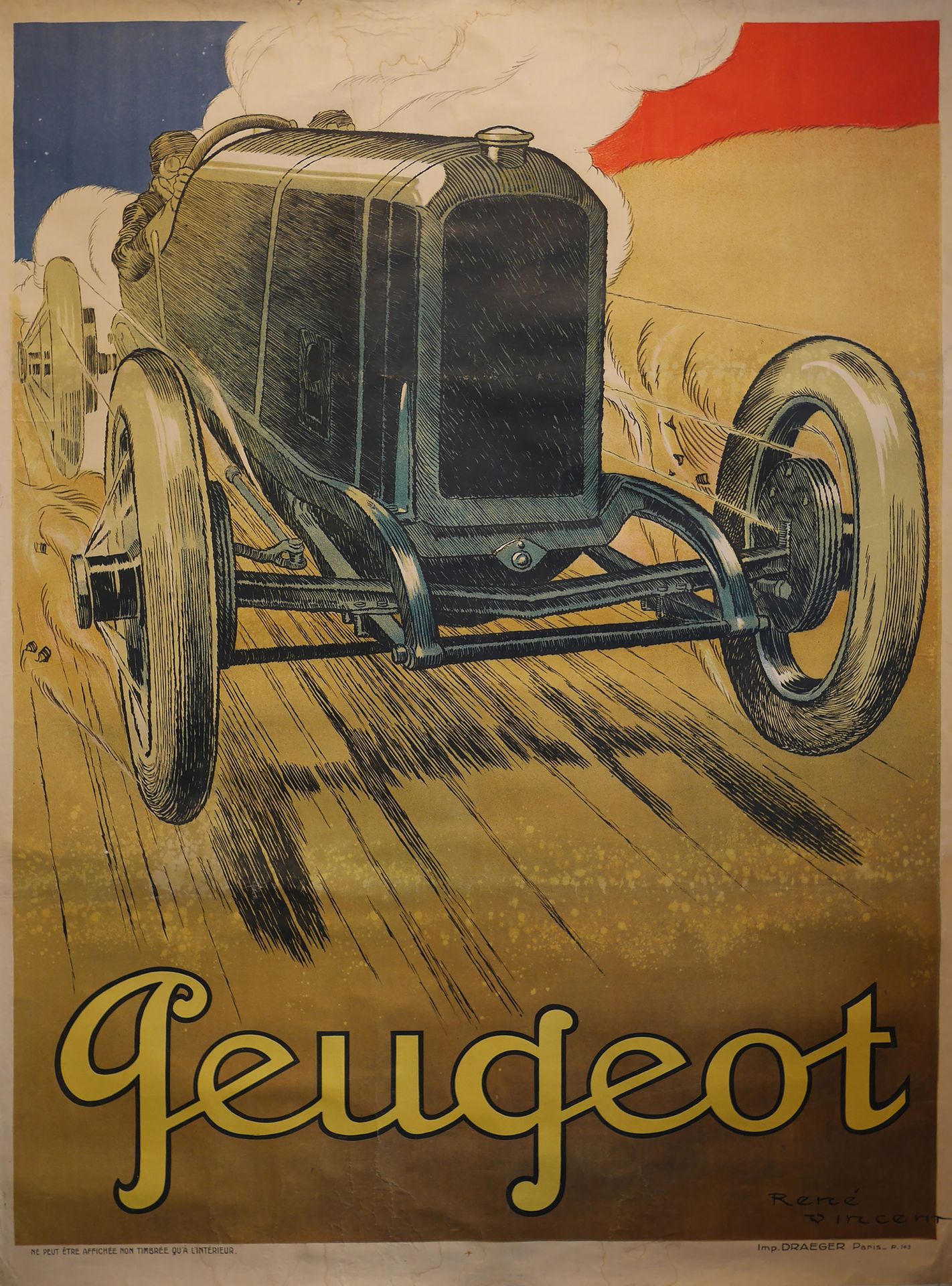 Affiche Peugeot à Indianapolis, d’après René Vincent, Circa 1916 René VINCENT (1&hellip;