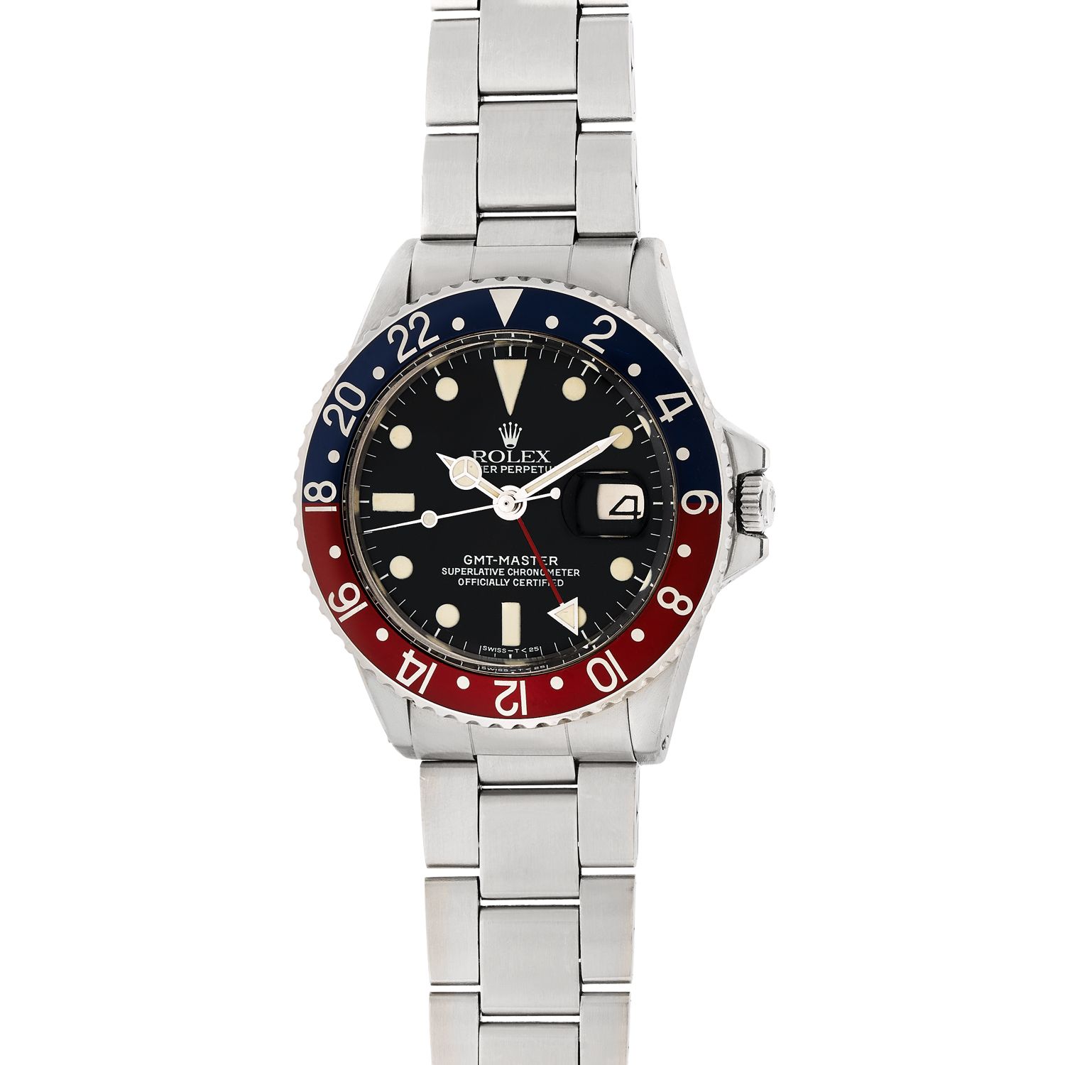 Null 劳力士
GMT -Master "Pepsi"。
编号：1675。
制作年代：1972 年。
精钢腕表，带第二时区。带签名的圆形表壳，旋入式底盖。红蓝&hellip;