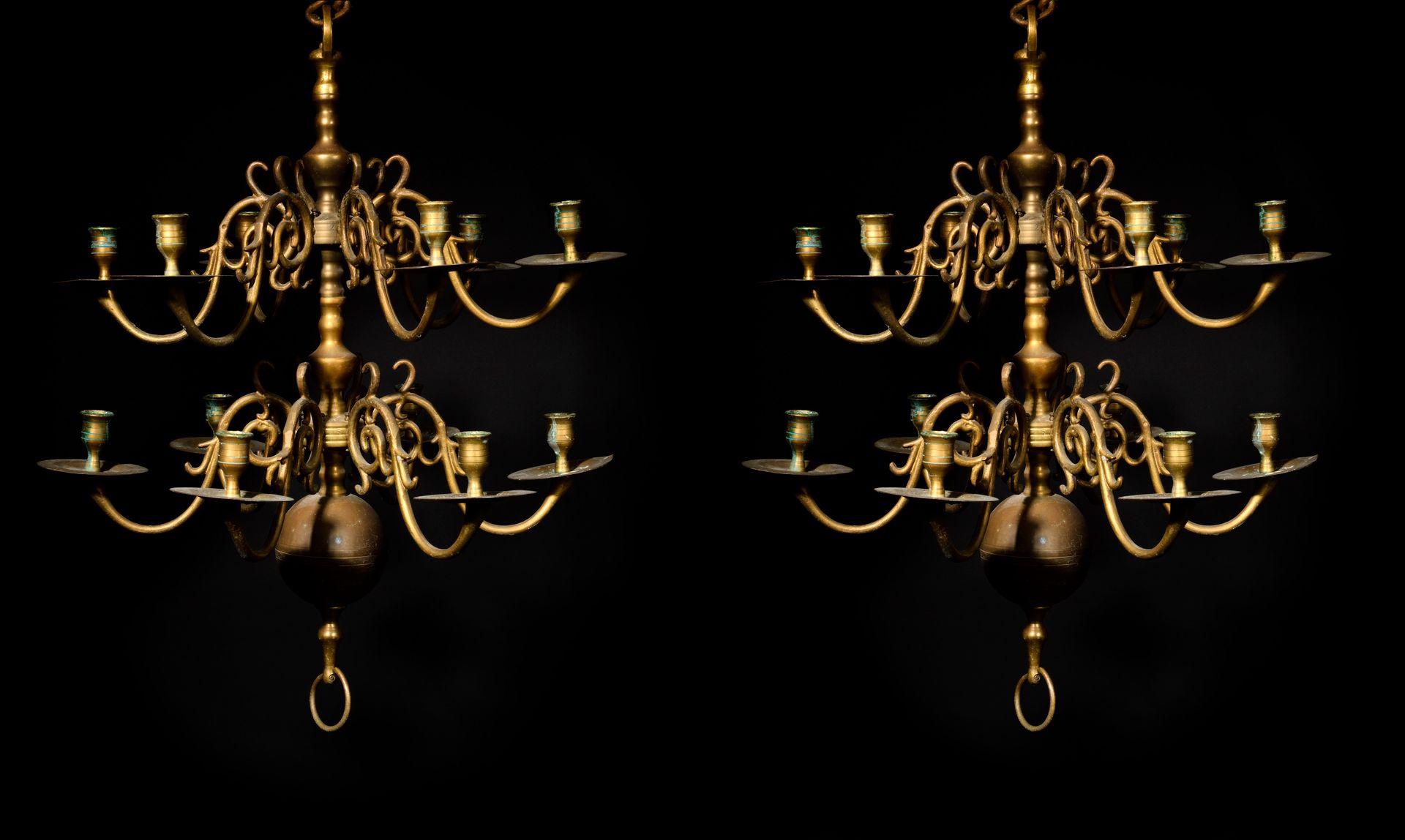 Null PAIR OF DUTCH CHANDELIERS 
in brass with twelve light arms on two rows. 
Wo&hellip;