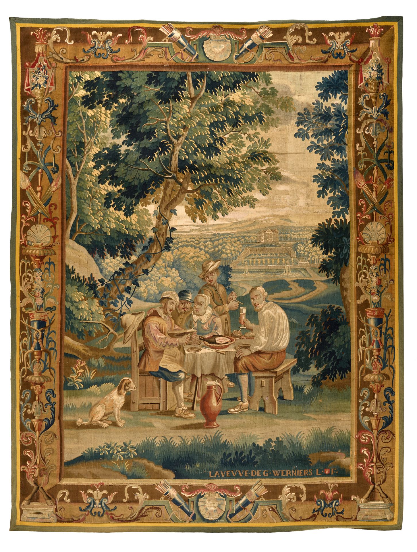 Null 里尔，法国北部工作室
寡妇韦尼耶的作坊（1738 年至 1778 年）
挂毯描绘了特尼尔（Teniers）风格的乡村午餐、城堡和盆地，背景和透视中带有&hellip;