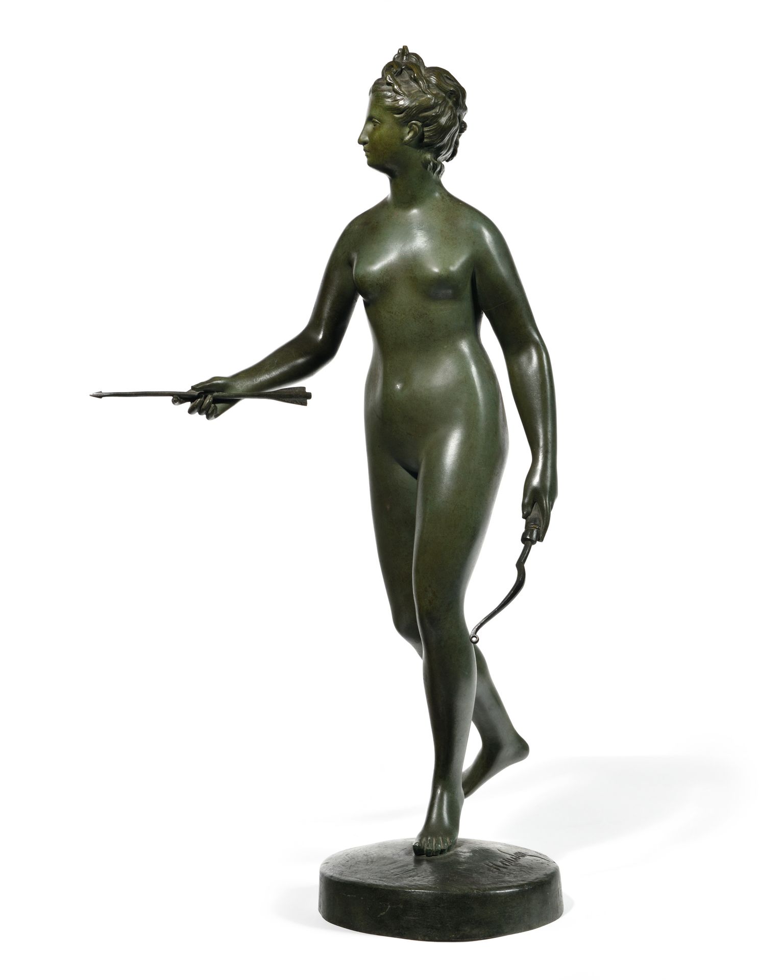 Null 让-安托万-侯东（1741-1828），根据 
狩猎者戴安娜
青铜题材，带绿色铜锈，露台上有签名。
高度：62 厘米