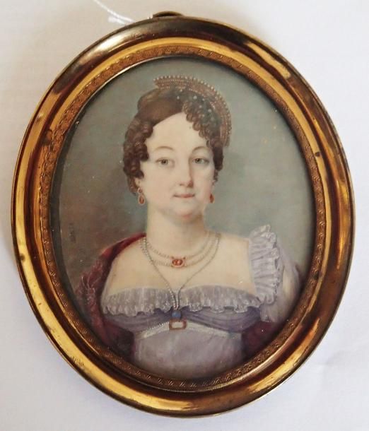 Null FINOT (act. 1802-1816) Portrait de femme Miniature ovale sur ivoire 6,5 x 5&hellip;