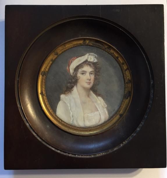 Null Jean BENNER Ecole Française vers 1820 Portrait de jeune femme au bonnet bla&hellip;