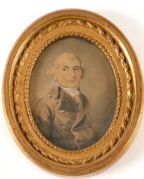 Null MEULEMANS Adrian (1766-1835) « Portrait d’homme en redingote marron et jabo&hellip;