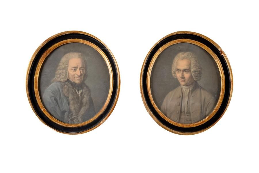 Null Ecole Française du XIXe siècle « Voltaire et Rousseau » Deux gravures ovale&hellip;