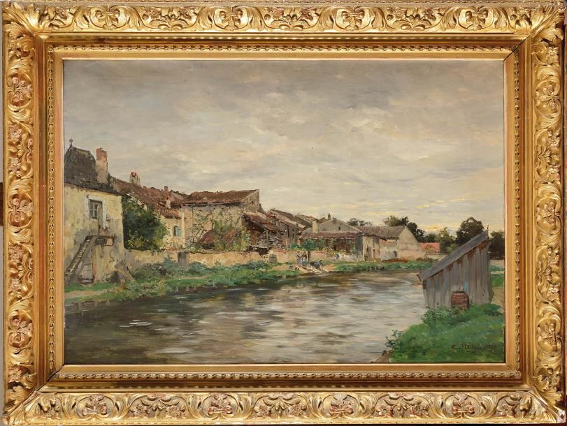 Null Edmond PETITJEAN (1844-1925) Lavandières devant le village Huile sur toile &hellip;