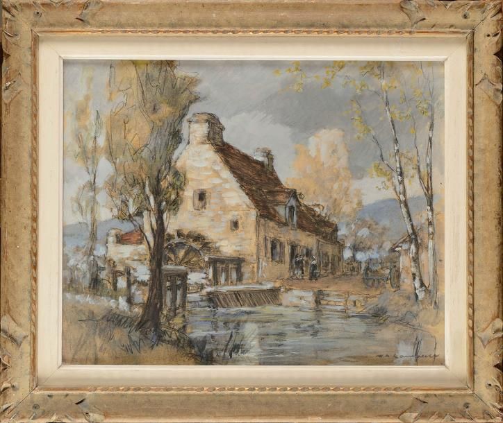 Null William Adolphe LAMBRECHT (1876-1940) Paysage au moulin Crayon noir et goua&hellip;