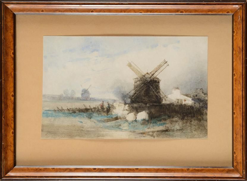 Null Eugène DESHAYES (1813-1890) Paysage avec un moulin Aquarelle Signée en bas &hellip;