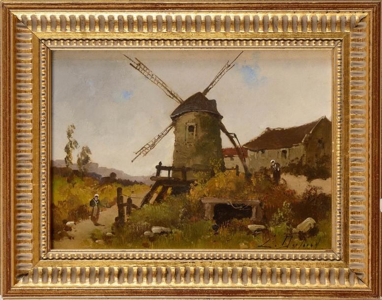 Null Eugène GALIEN-LALOUE (1854-1941) Paysage animé au moulin Huile sur panneau &hellip;