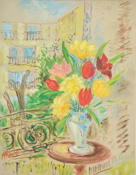 Null Madeleine ROUART (1896-1986).
Bouquet de tulipes près de la fenêtre.
Gouach&hellip;