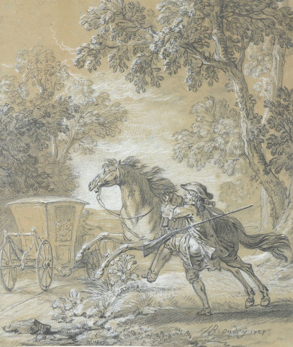 Null 
让-巴蒂斯特-乌德里（1886年，巴黎-1755年，博韦）。





"诗人从马背上摔下来，摔断了马裤的腰带"。





黑石，白色的亮点，右下&hellip;