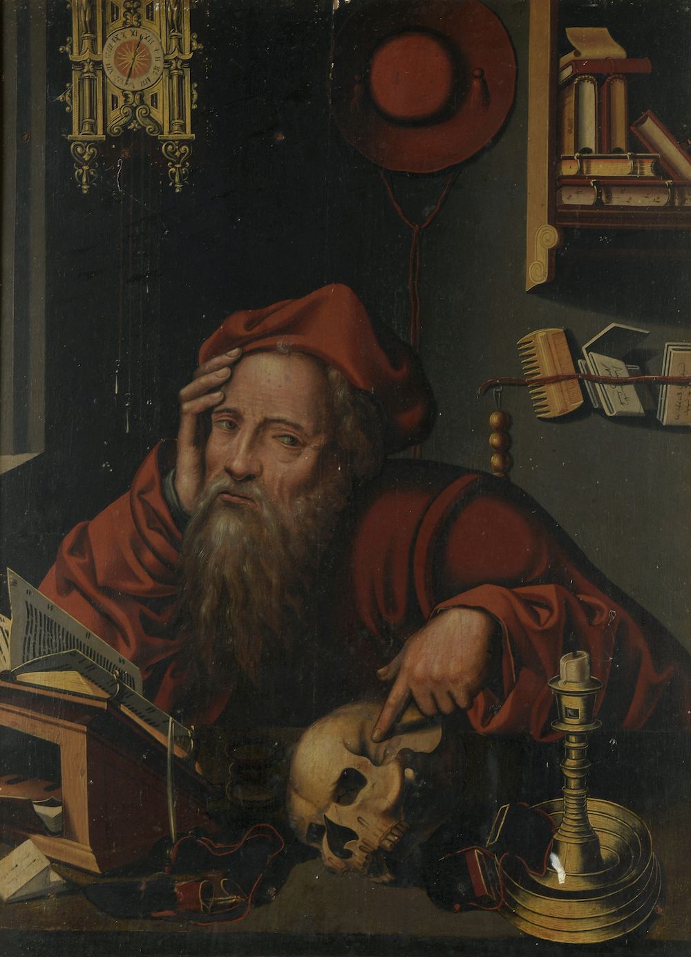 Null Joos VAN CLEVE (Cleves, 约1480 - Antwerp, 约1540) 的工作室。

圣杰罗姆在他的书房里沉思。

橡木板上的&hellip;