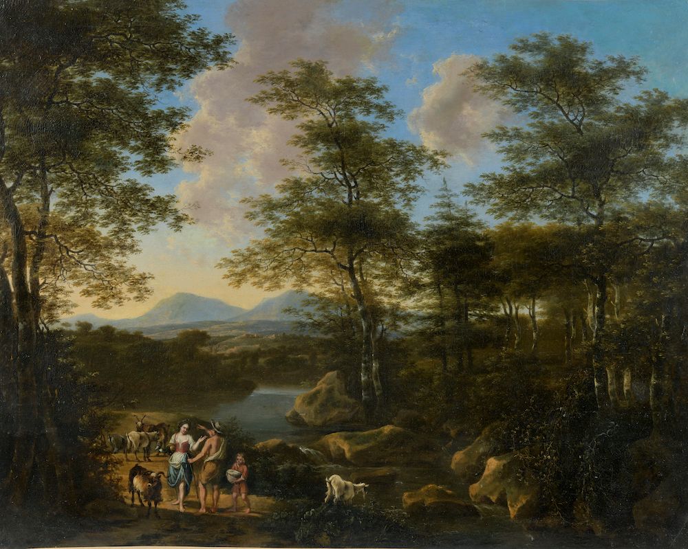 Null Scuola francese del XVIII secolo. 

Scena pastorale in un paesaggio fluvial&hellip;