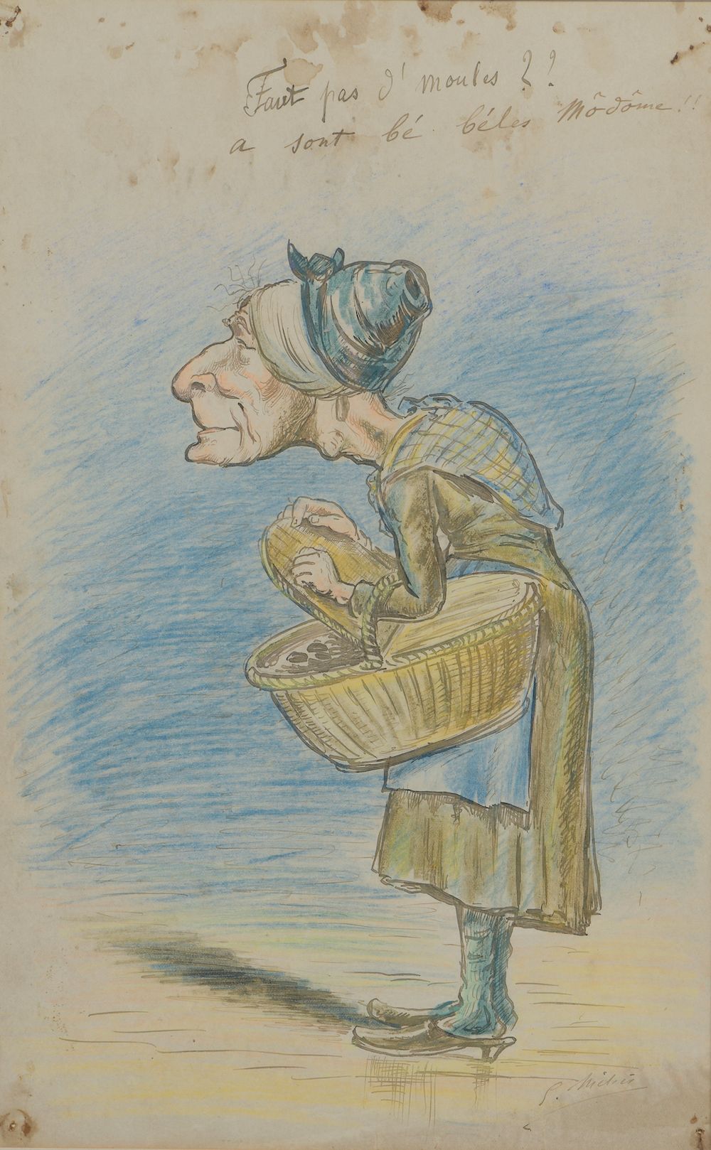 Null 乔治-梅里埃斯（巴黎，1861-1938）。

"La vendeuse de moules"。

水墨漫画，用彩色铅笔加高，顶部刻有 "Faut p&hellip;