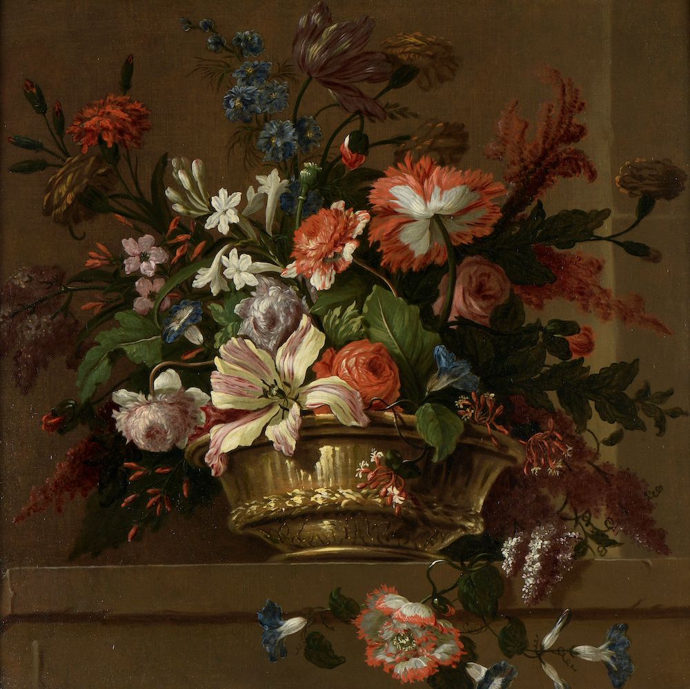Null 归功于安托万-蒙诺耶（1670-1747）。

夹板上的青铜花瓶中的切花花束

布面油画(已被熏黑)。

高度83,5 cm - 宽度 : 83 cm&hellip;