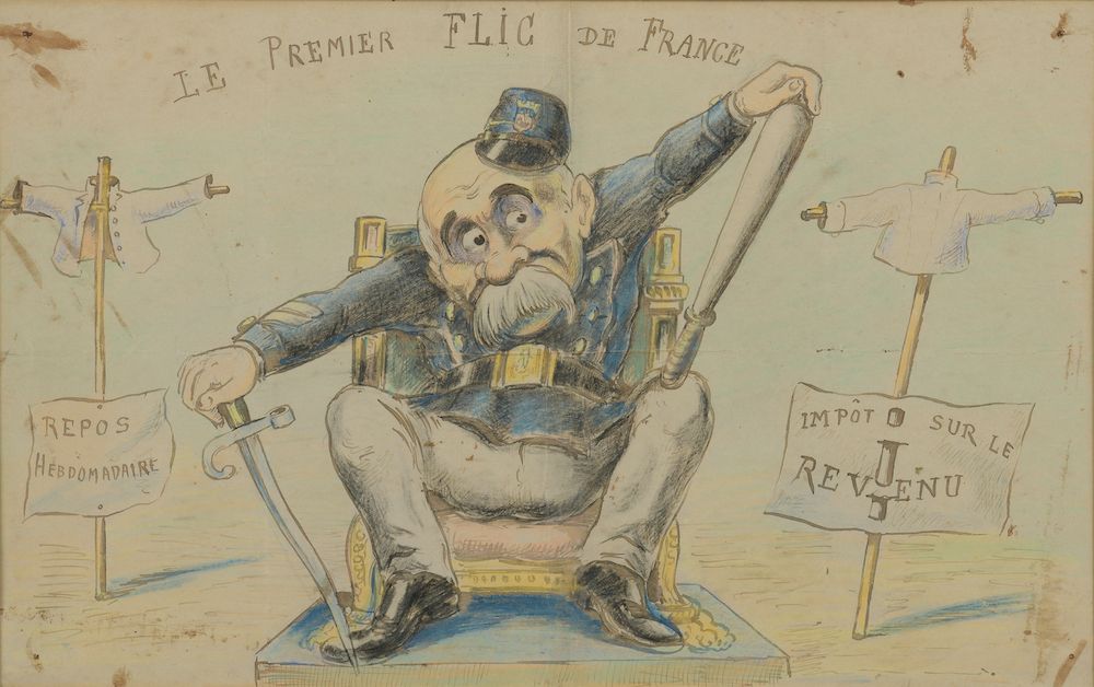 Null 乔治-梅里埃斯（巴黎，1861-1938）。

"Le premier flic de France"。

用彩色铅笔加高的墨水漫画，描绘了坐在宝座上&hellip;