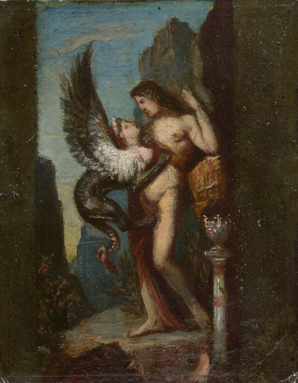 Null Attribué à Gustave MOREAU (1826 - 1898).

Œdipe et le Sphinx.

Papier marou&hellip;