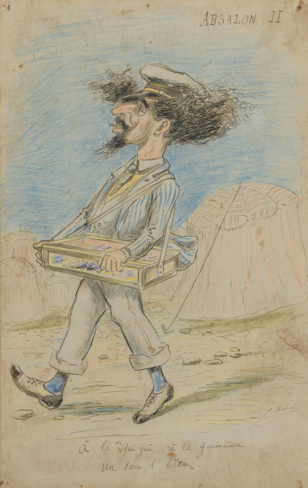 Null 乔治-梅里埃斯（巴黎，1861-1938）。

"Absalon II"。

用彩色铅笔加高的水墨漫画描绘了一个卖棉花糖的人，右上方有标题，下方有题 &hellip;