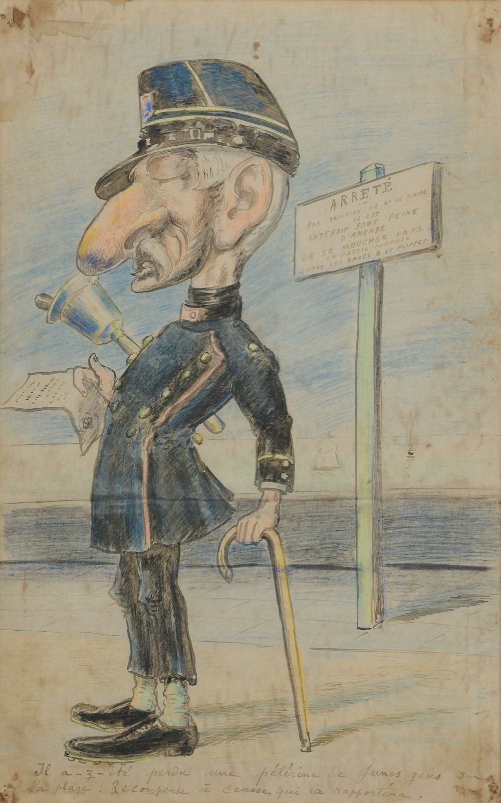 Null 乔治-梅里埃斯（巴黎，1861-1938）。

宪兵。

用彩色铅笔加高的水墨漫画，底部刻有 "他在海滩上失去了一个年轻人 "的字样。奖励将它带回来的&hellip;