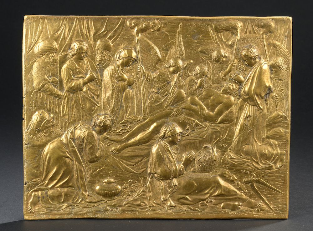 Null 罗马，17世纪最后四分之一。

铸造的，有凹槽和镀金的青铜牌，代表哀歌（非常轻微的铸造缺陷，可能重新镀金）。

高度21.5厘米 - 宽度：28.7厘&hellip;