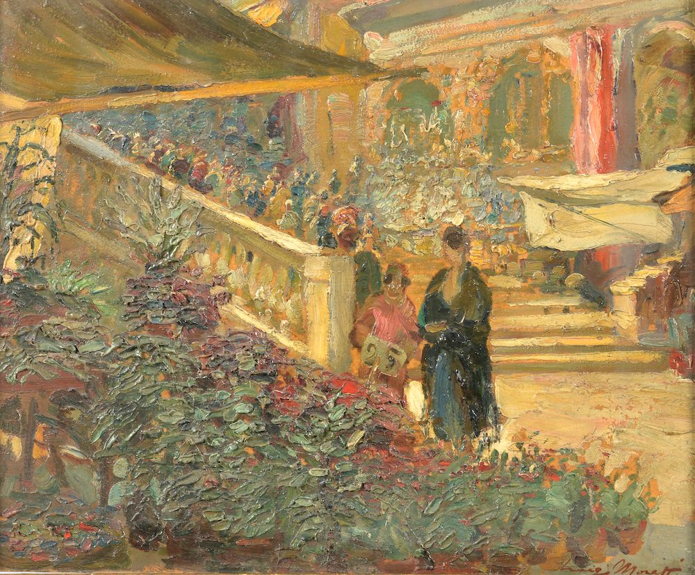 Null 路易吉-莫雷蒂（威尼斯，1884 - 1950）。

花卉市场。

板上油画，右下方有签名。艺术家的标签在背面。

高度：37.5厘米 - 宽度：45&hellip;