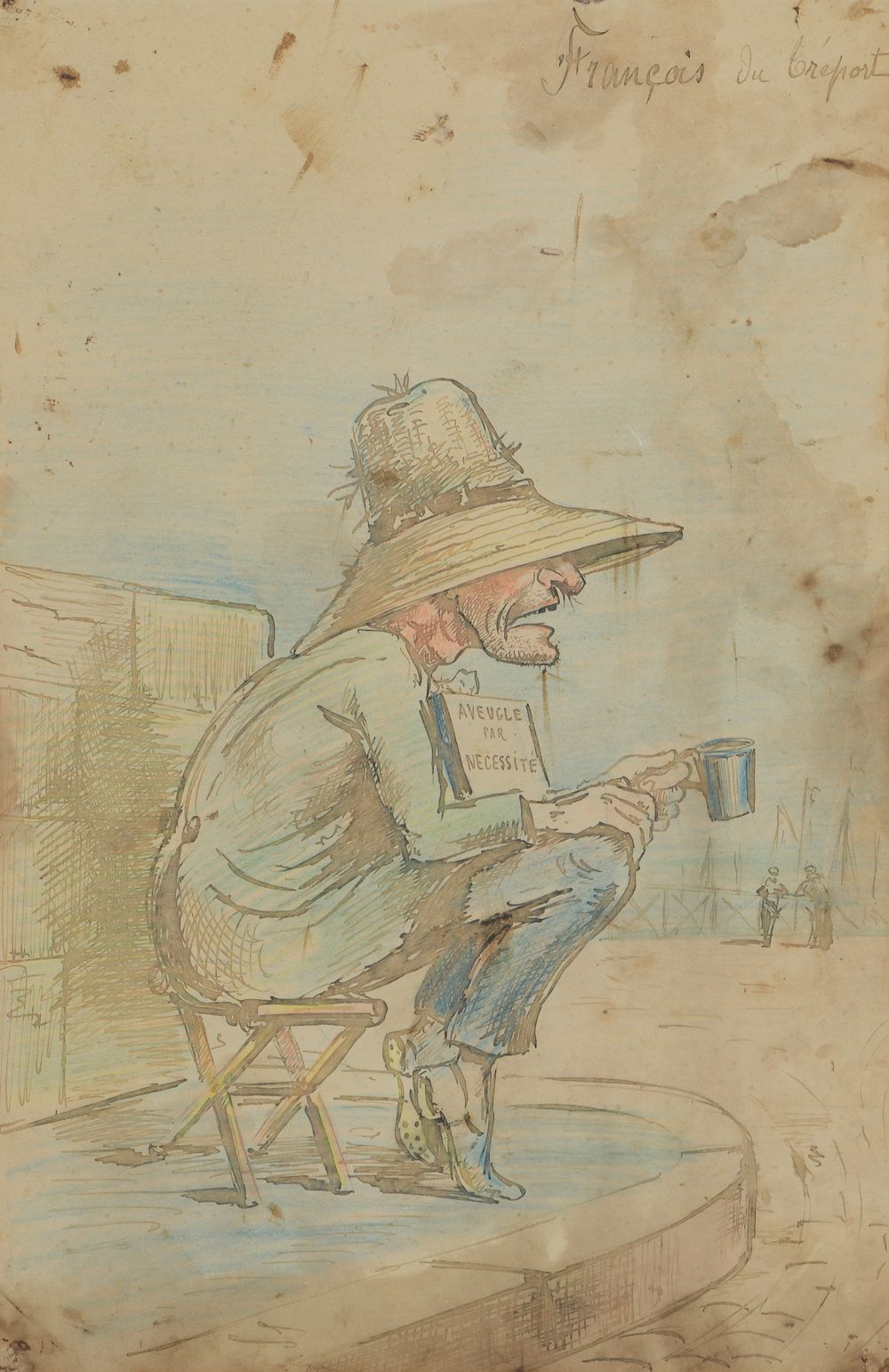 Null 乔治-梅里埃斯（巴黎，1861-1938）。

"François du tréport"。

用彩色铅笔加高的水墨漫画，显示一个乞丐拿着一个写着 "&hellip;