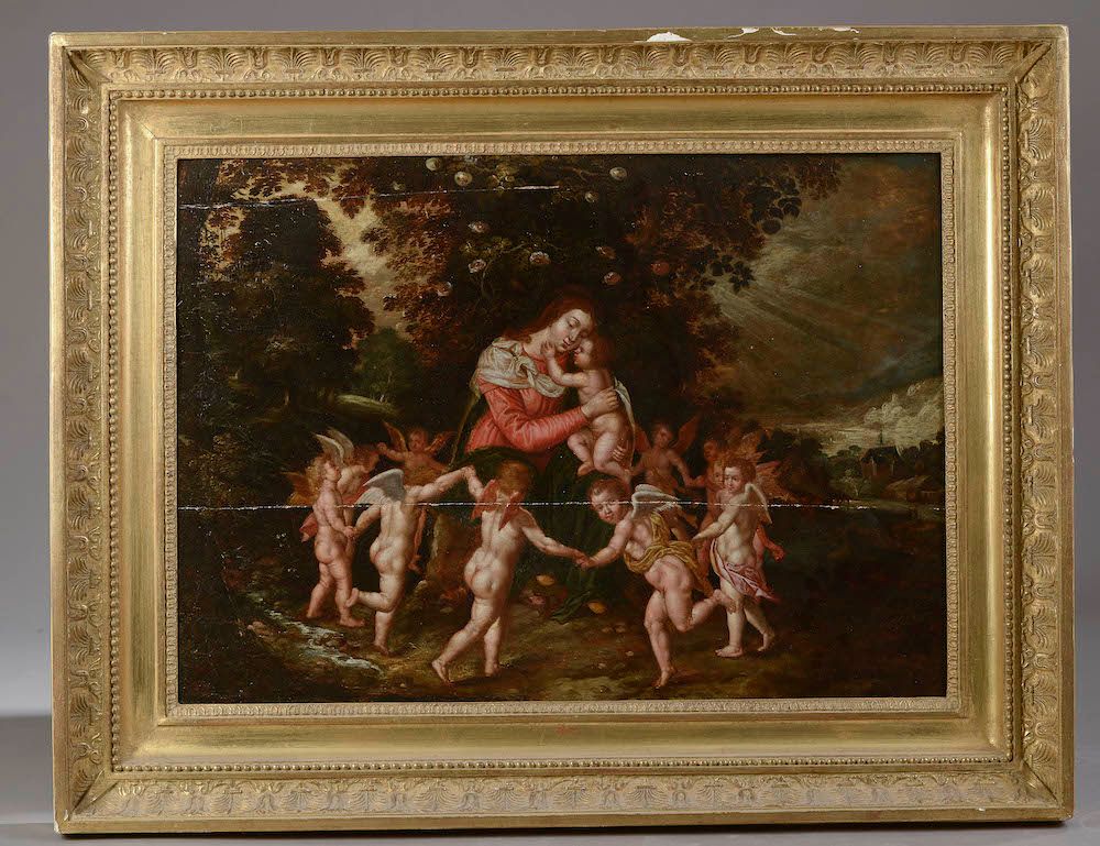 Null 17世纪弗拉芒画派，Hendrik de KLERCK的追随者。

圣母和孩子被一轮小天使包围着。

橡木板上的油画，两块木板，没有镶板（裂缝）。

&hellip;