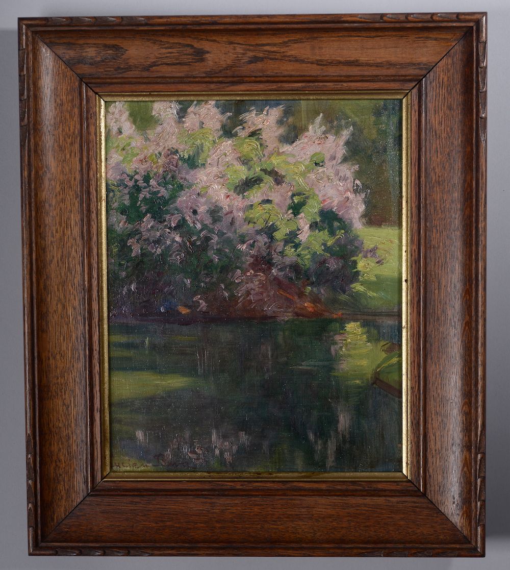 Null 吕西安-比瓦（1878年，巴黎-1965年，纽约）。

池塘边盛开的丁香花。

左下角签名的油画。

高度：27厘米 - 宽度：21.5厘米27 cm&hellip;