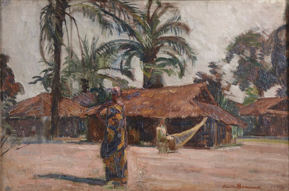 Null 埃米尔-玛丽-鲍姆（Émile Marie BEAUME）（佩泽纳斯，1888-巴黎，1967）。

村庄里的非洲妇女。

右下角签名的油画。

高度&hellip;