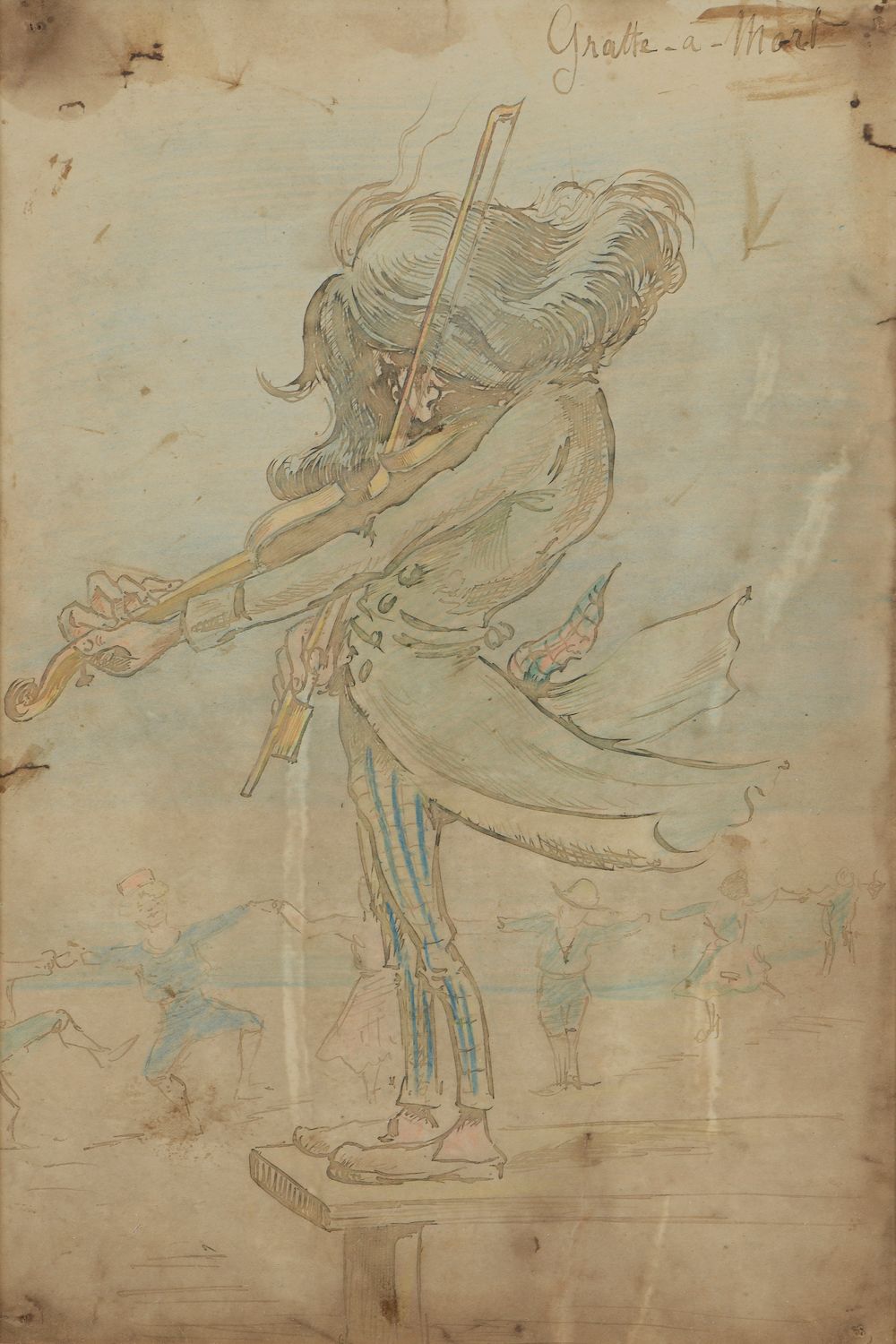 Null 乔治-梅里埃斯（巴黎，1861-1938）。

"Gratte-à-mort"。

用彩色铅笔加高的水墨漫画，主角是一位小提琴手（针孔，污渍，潮湿）。&hellip;