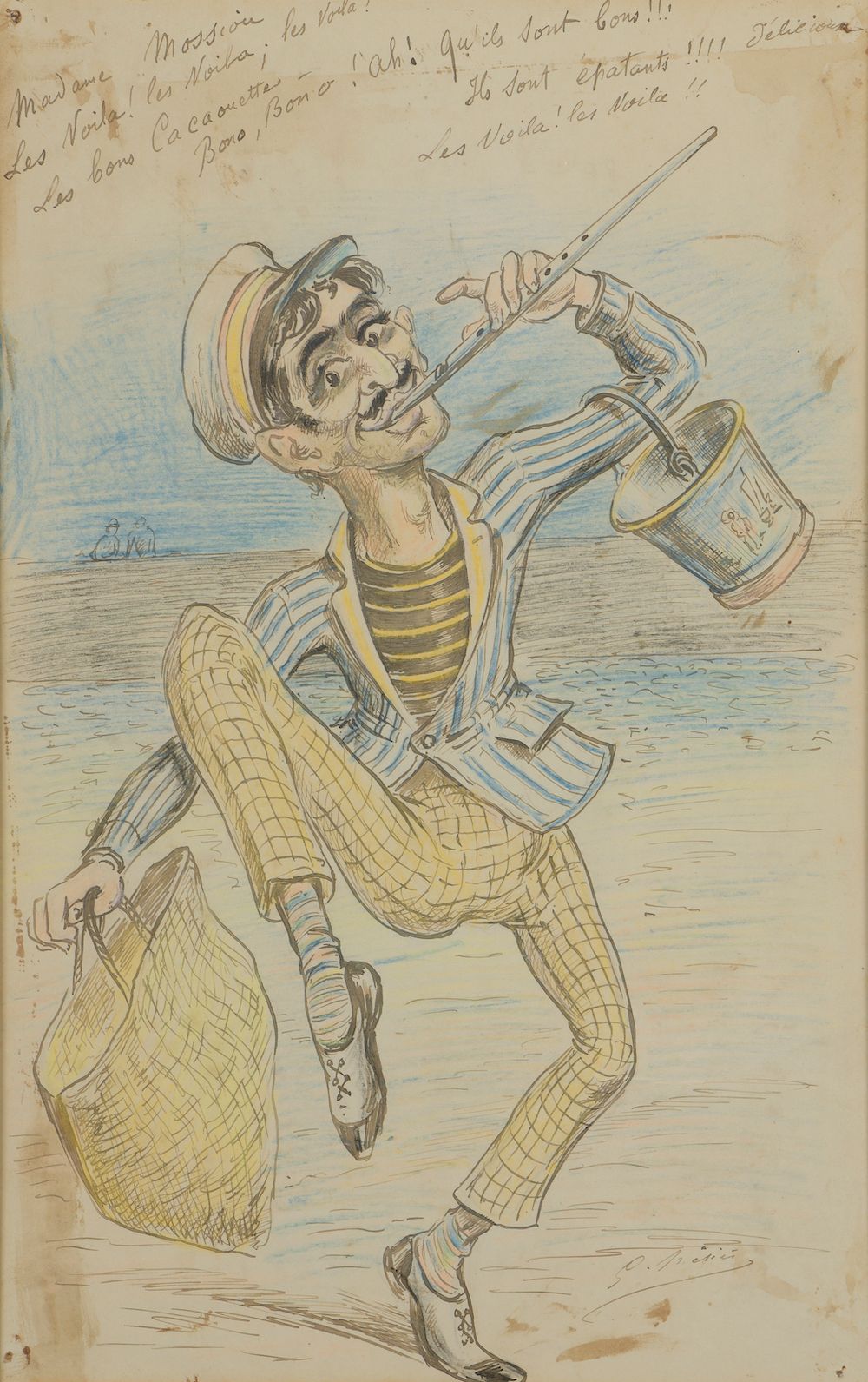 Null 乔治-梅里埃斯（巴黎，1861-1938）。

卖花生的人。

用彩色铅笔加高的水墨漫画，顶部刻有 "Madame, Mossiou Les Voil&hellip;